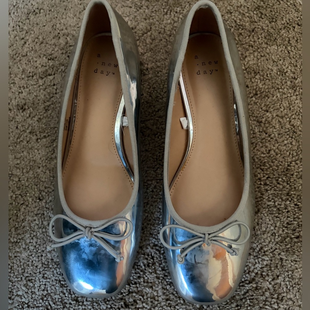 a new day Silver Metallic Ballet Flats with Bow Trim